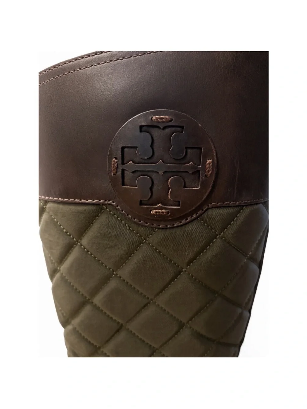 Tory Burch Rowan Quilted Riding Boots Green/Brown Leather
